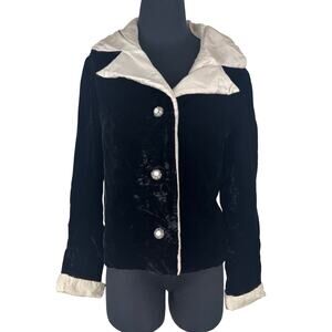 Vintage Black Velvet Blazer Cream Satin Collar Jeweled Buttons Tuxedo Jacket